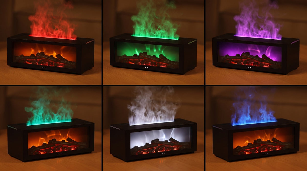 Los colores de llama del difusor Lumbre: rojo, verde, violeta, turquesa, blanco y azul